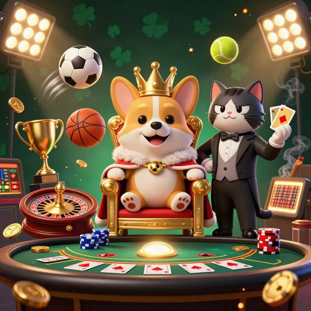 Royal corgi and cat butler in a neon casino scene with sports balls and gold accents.
