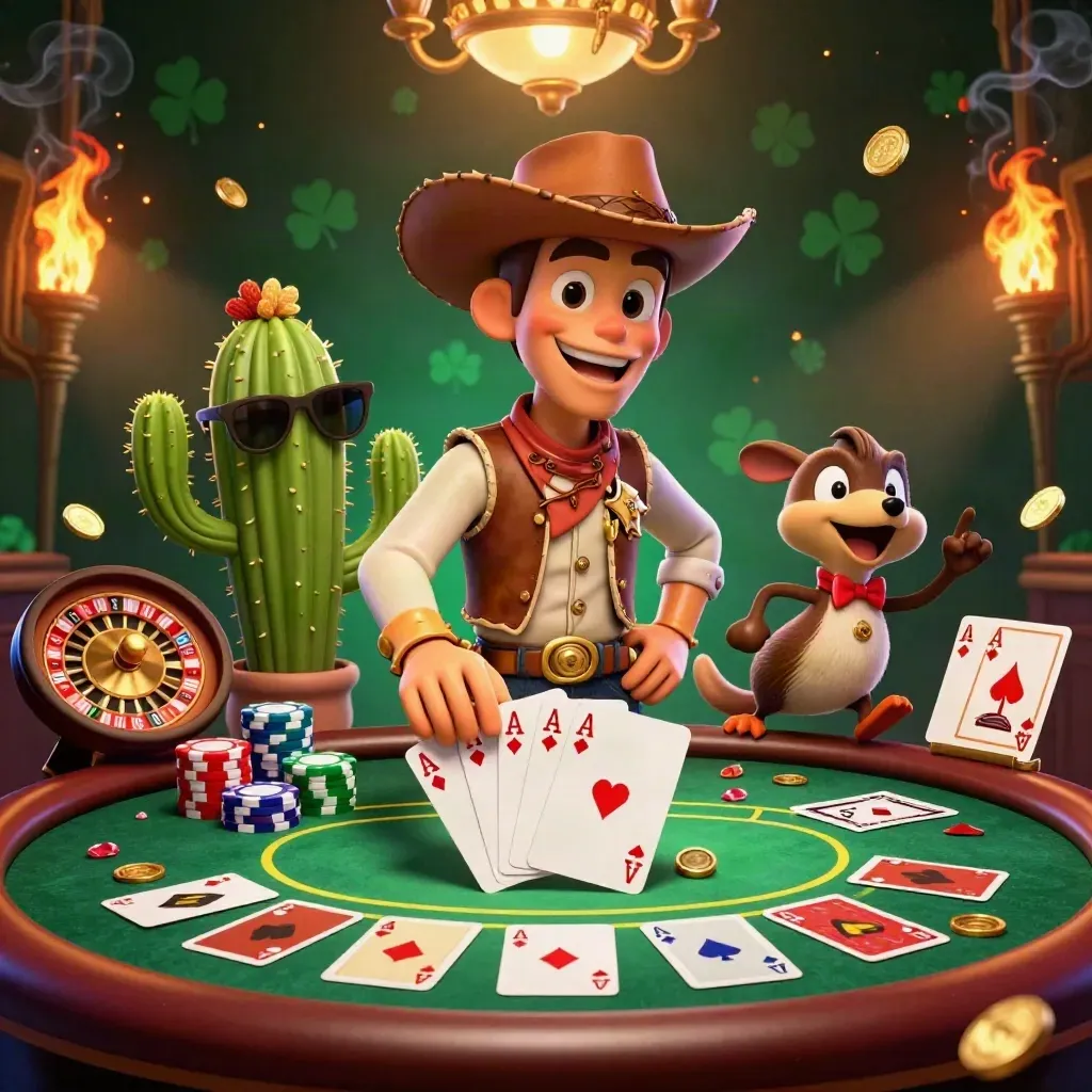 Cartoon cowboy T-Rex trio in a luxe casino scene with chips, cards, gold coins, and dramatic firelight.