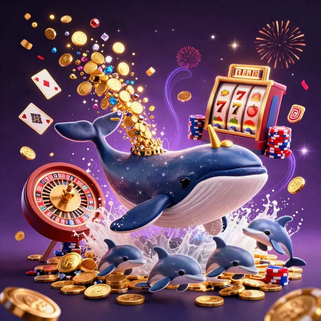 Whale captain, narwhal, and dolphins burst through coins with casino sparks and neon energy.