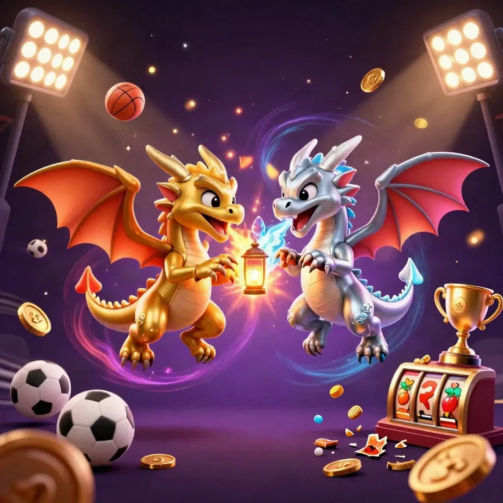 Twin gold and silver dragons spiral in a neon burst with coins, balls, trophy, and a lantern spirit.