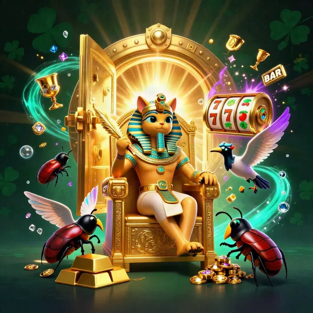 Pharaoh cat, ibis scribe and gem-winged scarabs burst from a golden vault in neon casino light.