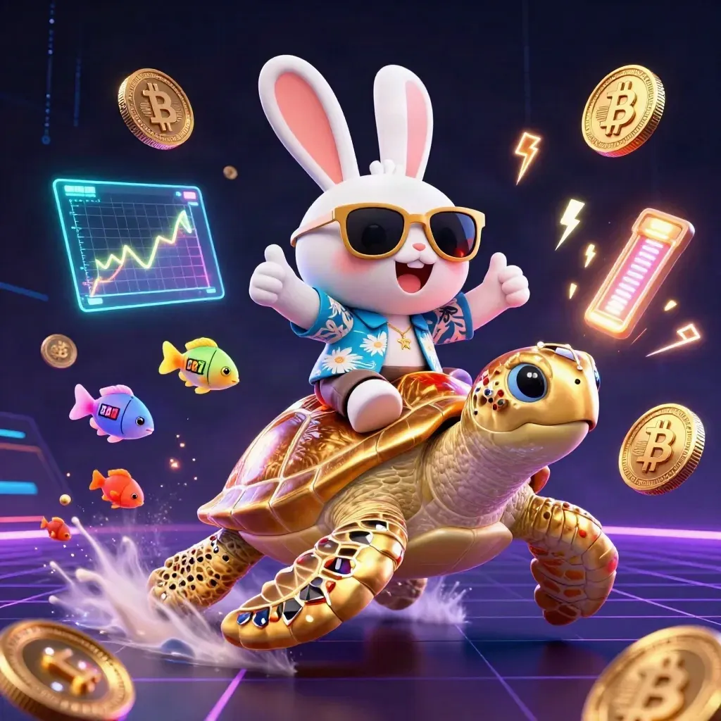 Lucky rabbit rides a gem-shell sea turtle amid neon coins, lightning, and casino energy.
