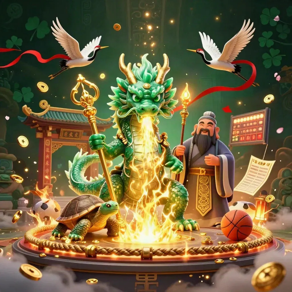 Jade dragon, turtle sage, and cranes amid casino treasure, temple gate, sports icons, and golden fire