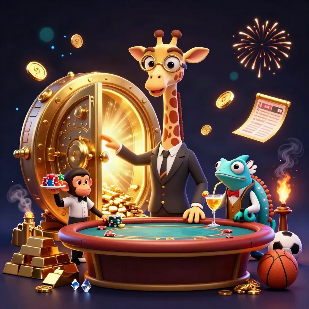 Giraffe gambler, monkey valet and chameleon bartender amid a bursting gold vault and casino treasures.