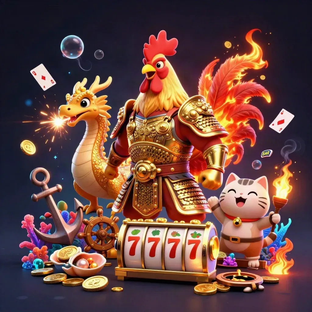 Rooster samurai, spark-breathing dragon hatchling and cheering fortune-cat amid treasure-cove casino effects.