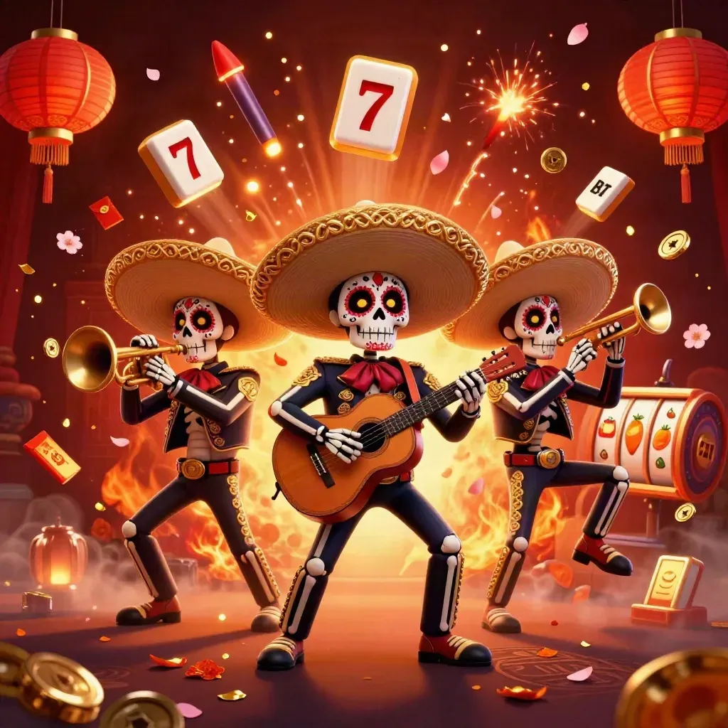Three skeleton mariachi heroes amid casino reels, lanterns, coins, petals, embers, and gold glow.