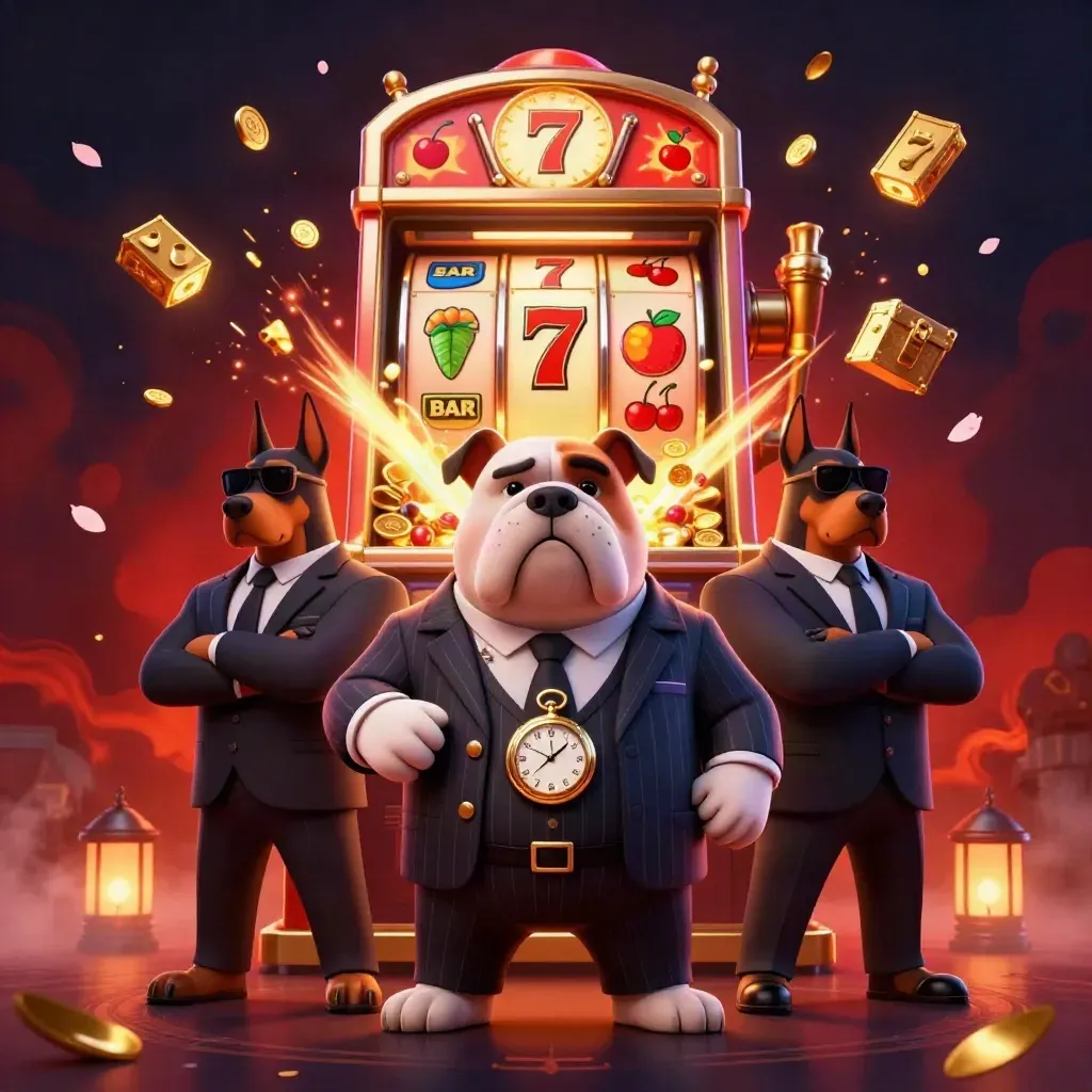 Bulldog mafia boss and two Doberman guards amid exploding slots, gold coins, cherries and ember glow.