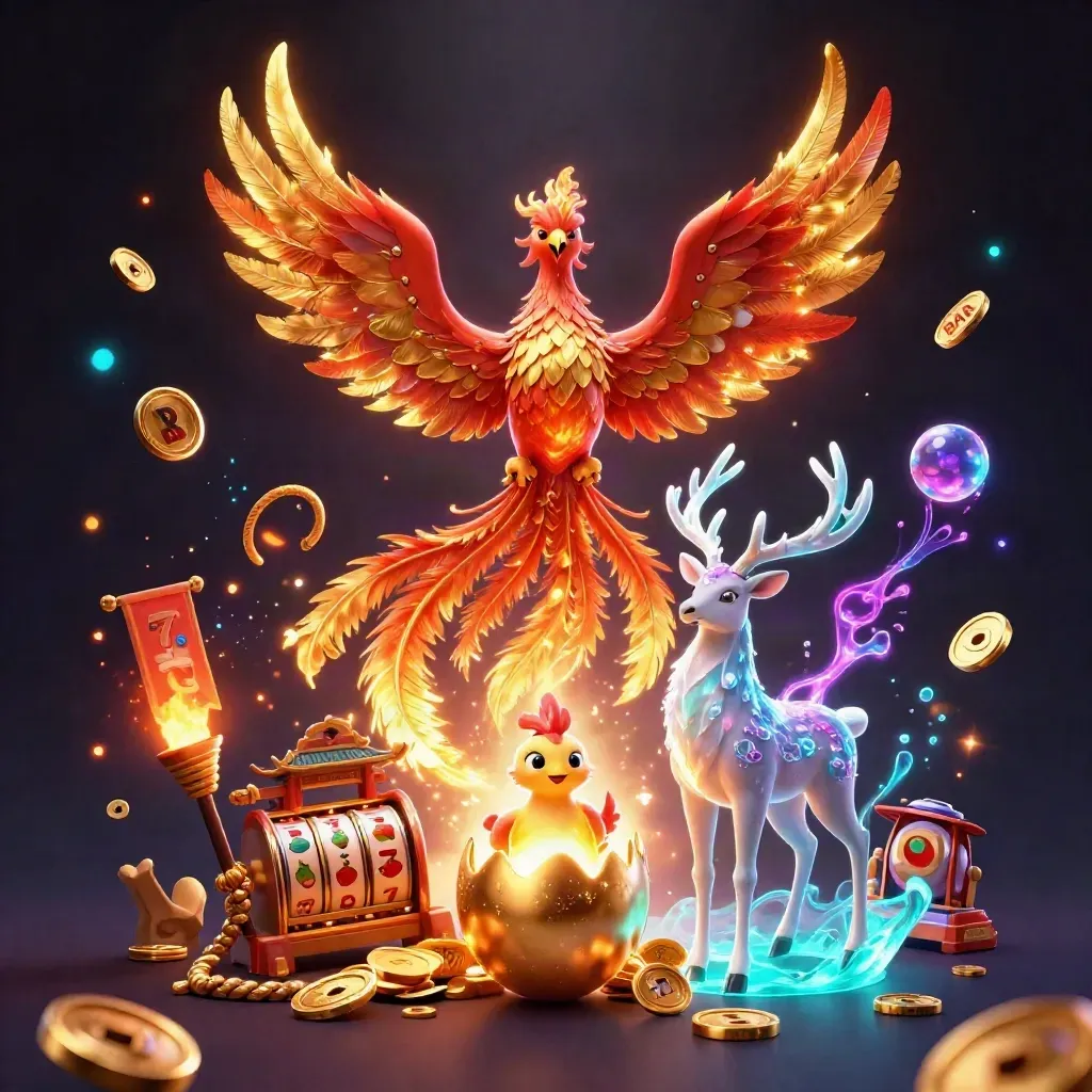 Fire phoenix, hatching baby phoenix and crystal stag amid casino gold, cyan glow and temple gate