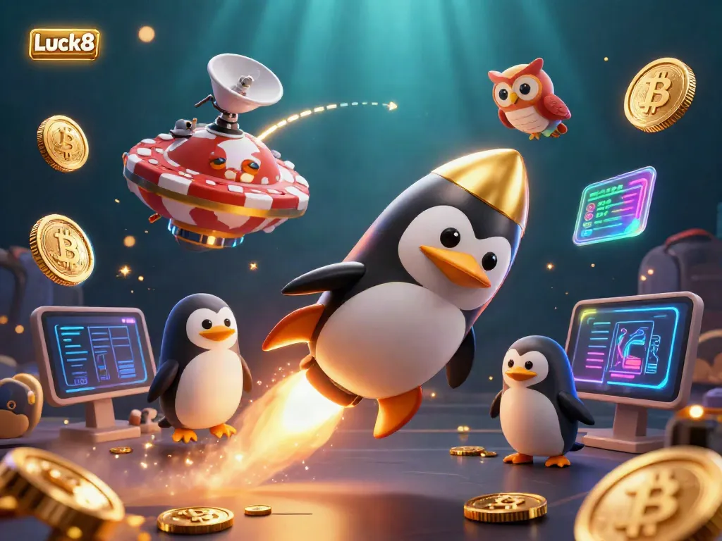 Luck8 showcases engaging casino space adventure with a golden penguin and crypto elements to enhance excitement.