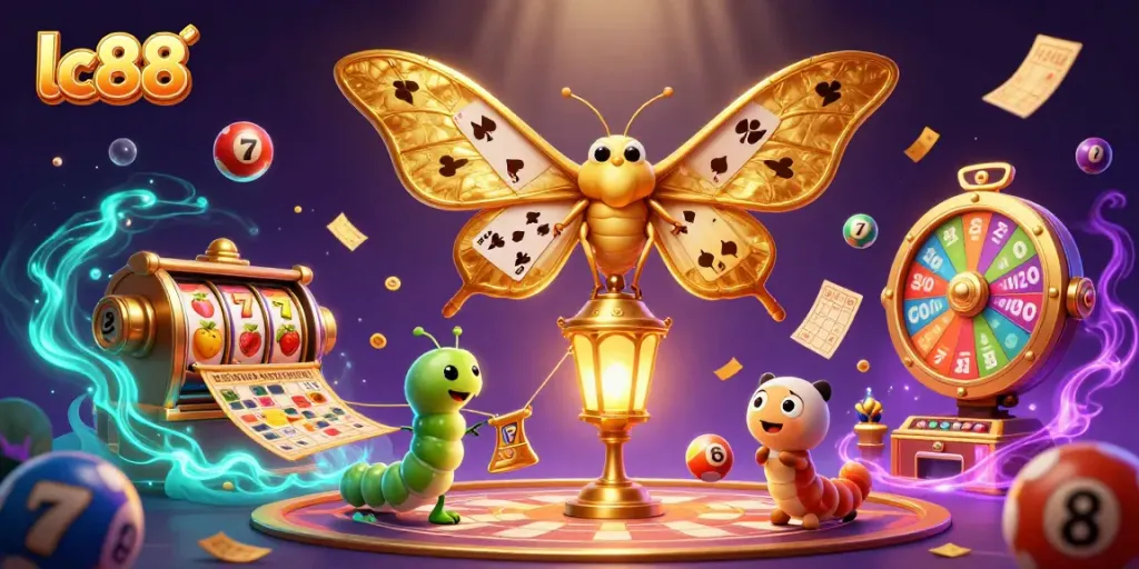 Experience thrilling gameplay with lc88 featuring vibrant lottery elements and a majestic moth illustration.
