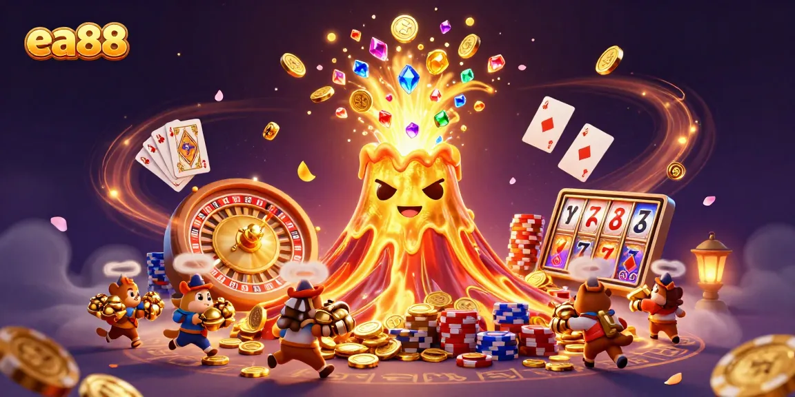 Experience ea88's thrilling golden volcano erupting in a treasure-filled casino scene.