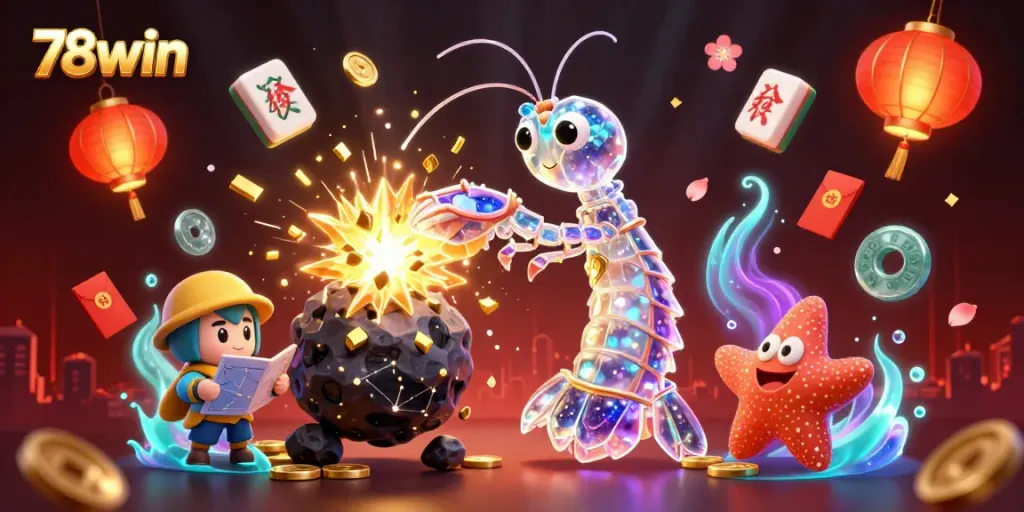 Experience thrilling gaming with 78win as a galactic mantis shrimp battles for treasure amidst vibrant visuals.