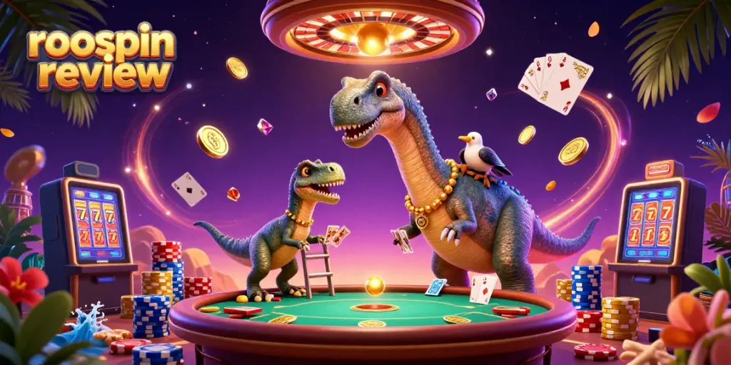 Experience the excitement of Roospin review with a cartoon brontosaurus and clever raptor in a bustling casino.