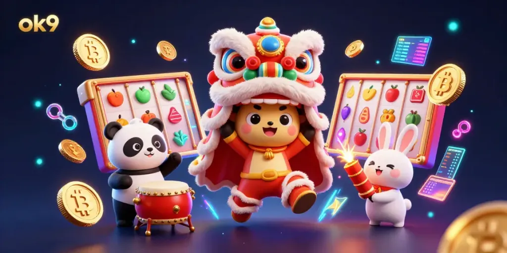 Engage in thrilling crypto casino action with ok9's vibrant gaming scene, featuring lively characters and game elements.