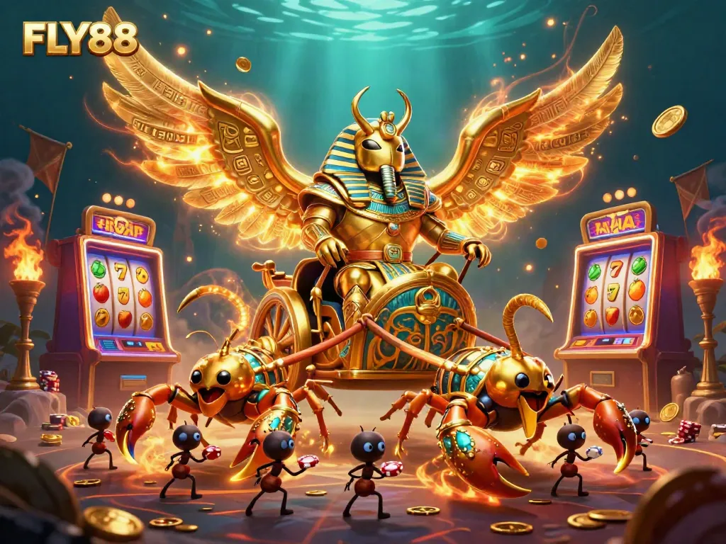 Engage with FLY88's thrilling casino experience, showcasing a vibrant scene filled with games, tokens, and characters.