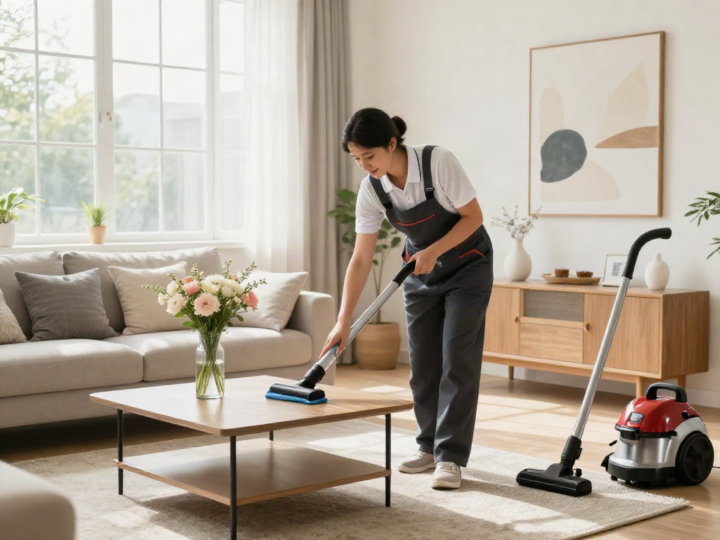 Professional cleaner dusting a living room while using depo 10k cleaning products, showcasing a fresh and tidy space.