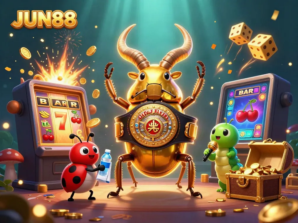 Experience vibrant gaming action at JUN88 with a golden stag beetle champion amidst bursting slot jackpots.