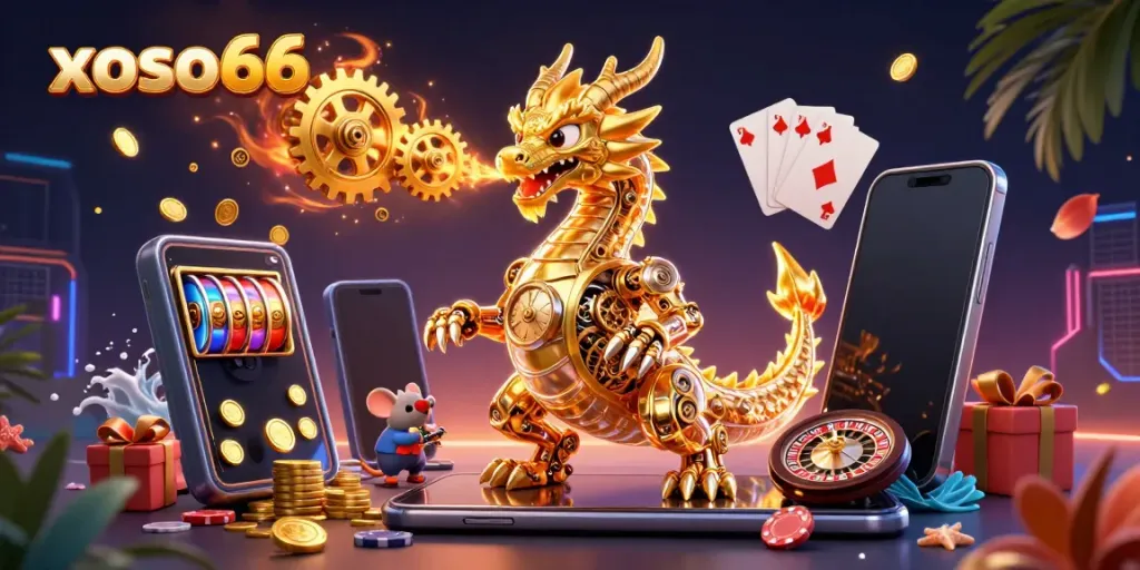 Engage with thrilling xoso66 online lottery action featuring a golden dragon and mouse engineer.