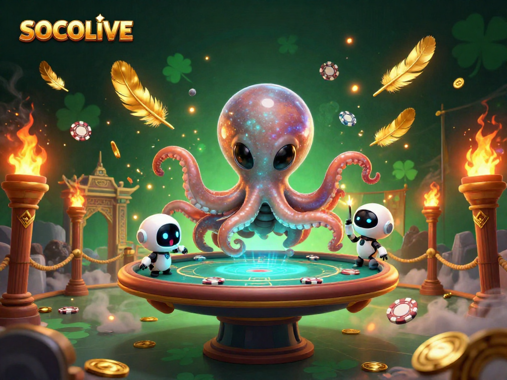 SOCOLIVE takes center stage as an alien octopus gears up for an epic poker game with glowing chips.