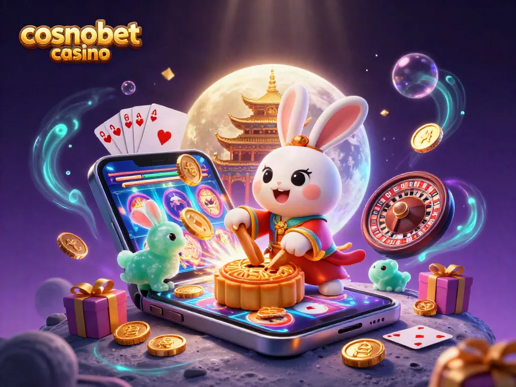 Join the excitement at Cosmobet Casino with vibrant gaming elements and rewards in an enchanting moonlit scene.