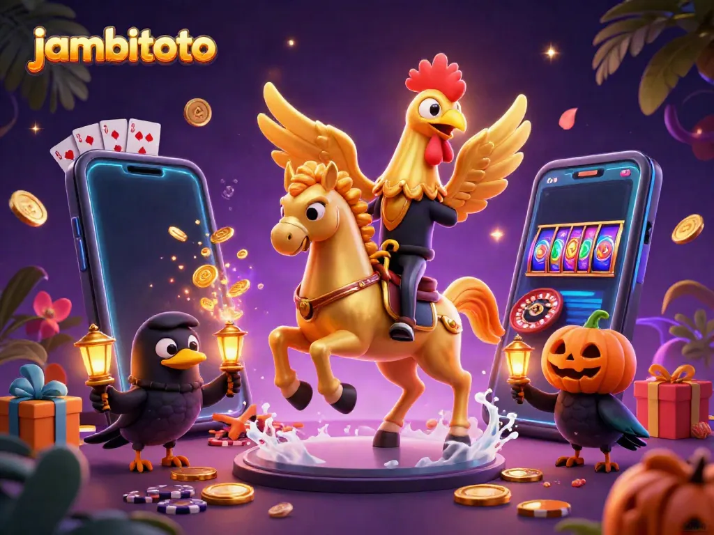 Experience the excitement of jambitoto with a winning golden rooster in a vibrant casino scene.