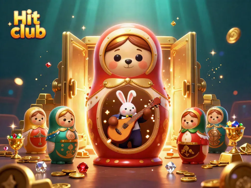 Hit club illustration showcasing Russian Matryoshka bears as casino dealers surrounded by gold treasure.