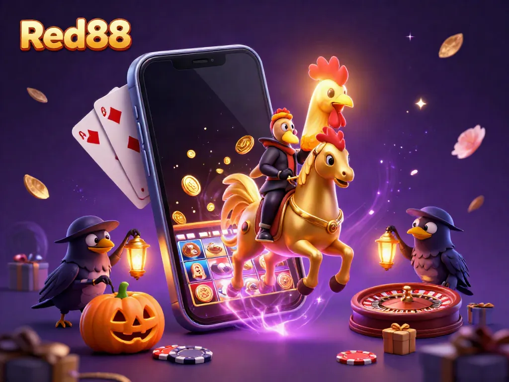 Experience excitement at Red88 casino with a golden rooster in a mystical scene filled with games and treasures.