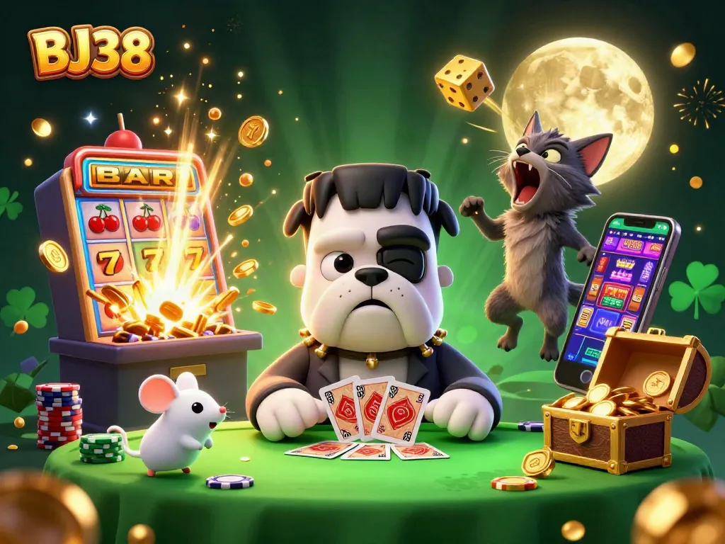 Experience the excitement of BJ38 while a Frankenstein bulldog deals cards in a dynamic casino atmosphere.