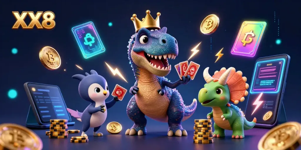 Engage with the interactive XX8 casino scene featuring a T-Rex shuffling cards and colorful crypto coins.