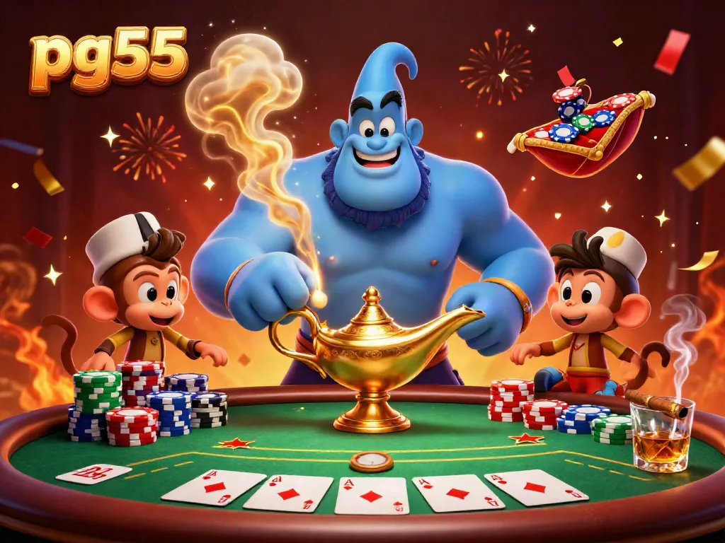 Join the fun at pg55 with a vibrant 3D illustration of a genie, poker chips, and gaming excitement.