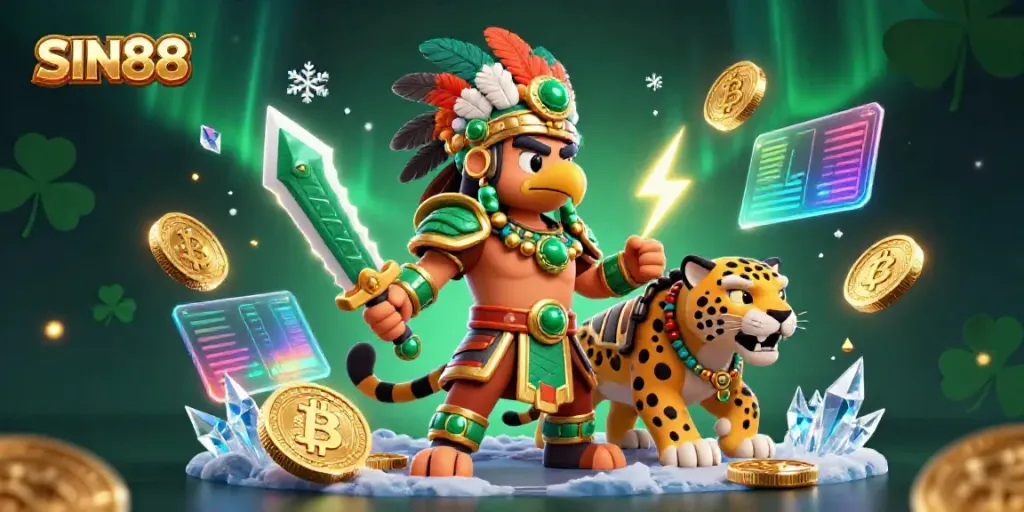 Experience the thrill of SIN88 with Aztec warriors amidst vibrant crypto elements in a captivating casino scene.