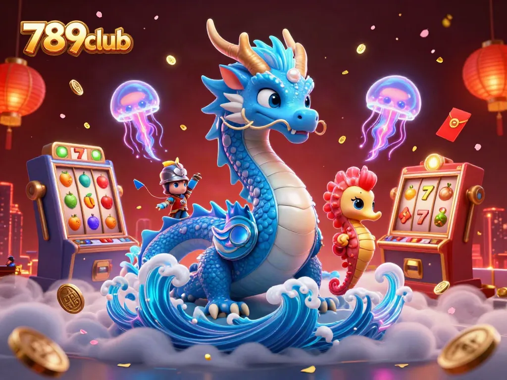 Experience the excitement of 789club with a captivating 3D casino illustration featuring vibrant slot machines and enchanting characters.