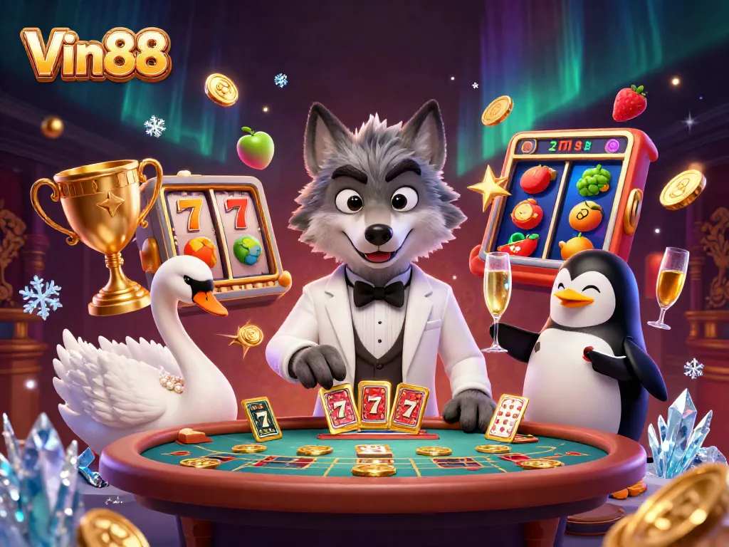 Experience big wins at Vin88 with a vibrant slots scene featuring playful characters and shimmering elements.