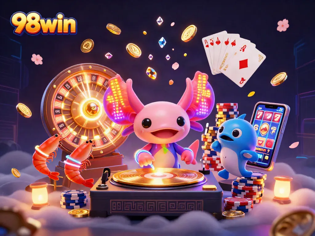 Experience thrilling casino vibes with 98win's 3D vibrant scene of colorful creatures in action.
