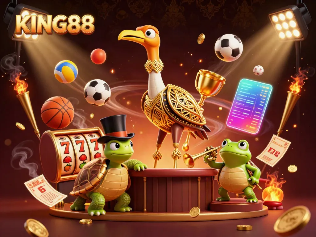 Experience the thrilling gaming atmosphere of KING88 with vibrant characters, slots, and sports elements in a rich casino setting.