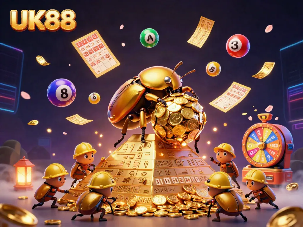 Experience excitement at UK88 with a golden dung beetle rolling coins, dynamic lottery elements and casino symbols.