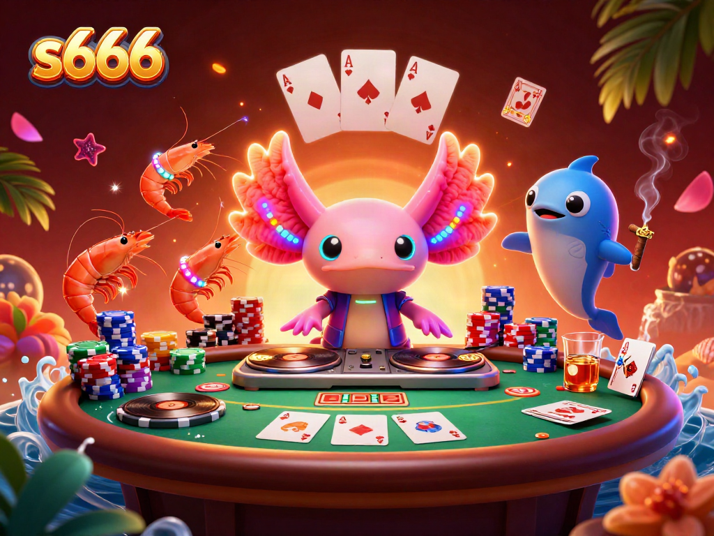 Experience the vibrant s666 casino scene with a DJ axolotl and colorful poker elements spinning excitement.