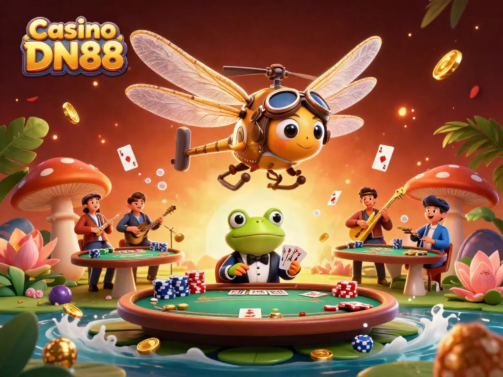 Experience the excitement of Casino DN88 with a vibrant illustration showcasing poker action under the tropical casino setting.