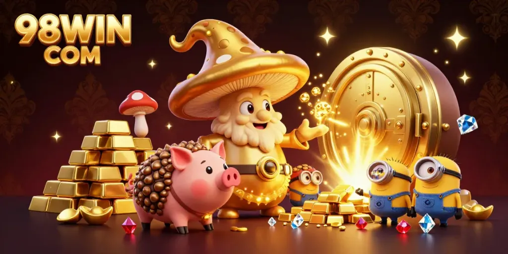 Experience 98WIN COM’s magical gaming adventures with a golden wizard, treasure, and sparkling gems.