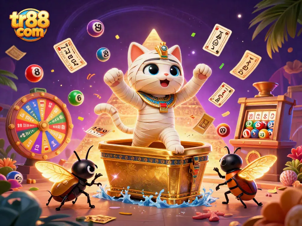 Win big at tr88 com with an exciting Egyptian casino adventure featuring a mummy cat and vibrant lottery elements.