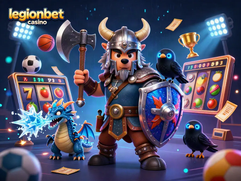 Engage with thrilling slots at legionbet casino featuring vibrant Viking, dragon, and sports elements.