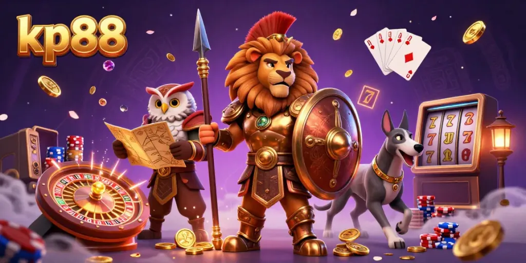 Experience thrilling gameplay at kp88, showcasing a Spartan lion, magical elements, and casino icons.