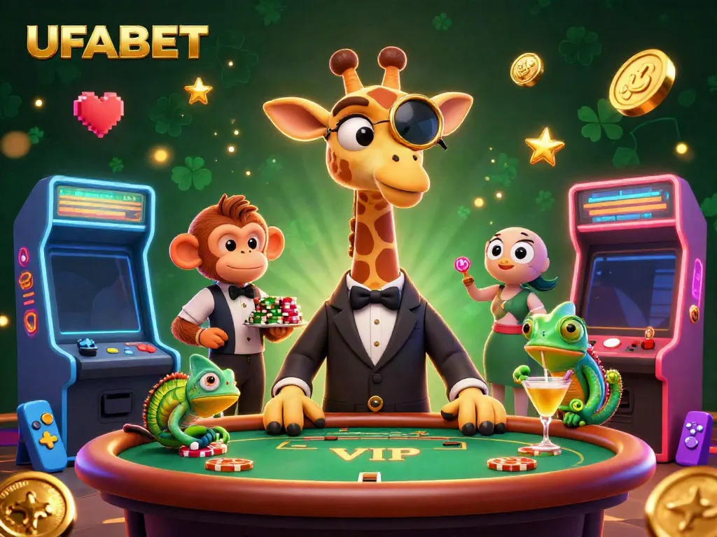Engage with UFABET’s vibrant 3D casino featuring a high-roller giraffe at a poker table, illuminated with sparkling gold.