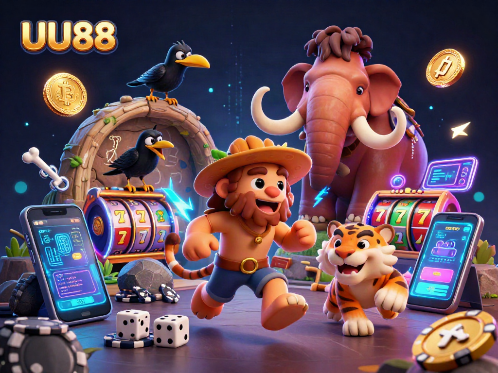 Experience the excitement of UU88 with a 3D cave casino scene showcasing engaging characters and vibrant gaming elements.