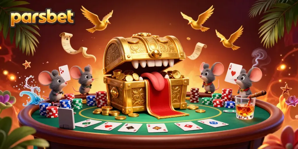 Engage with the dynamic world of parsbet, featuring a treasure chest and poker excitement with rich visuals.