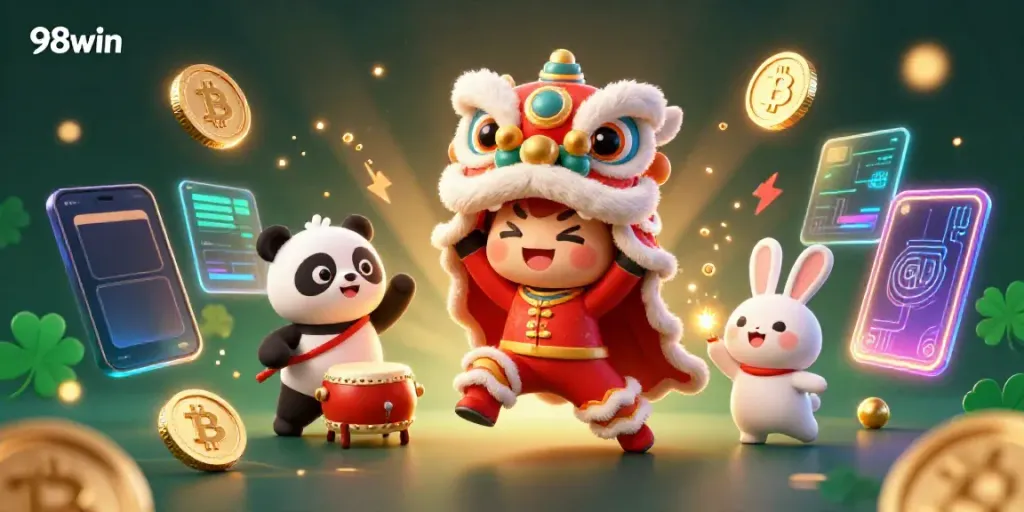 Experience thrilling gaming with 98win in a vibrant illustration featuring a festive lion dance and crypto elements.