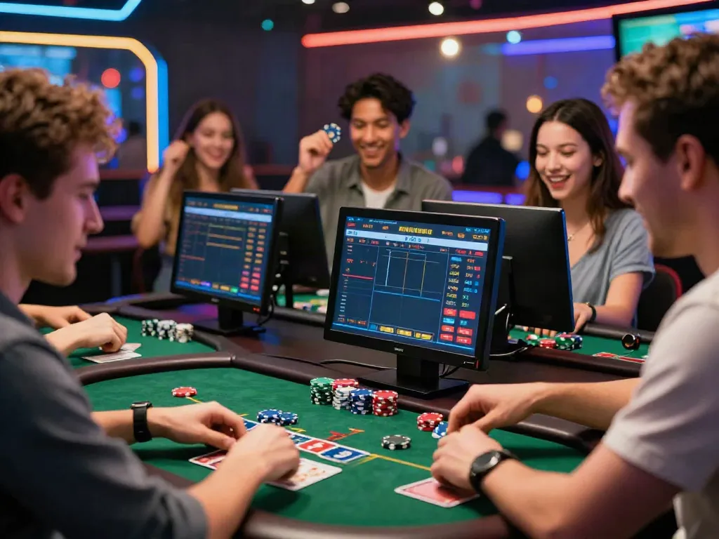 Players celebrating their wins while using https://vin88.team/ for sports betting and casino games, in a vibrant gaming environment.