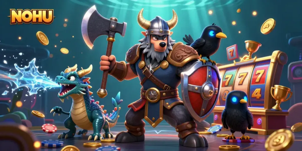 Experience the thrill of NOHU with Viking warrior, treasure, and jackpot excitement in a vibrant casino scene.