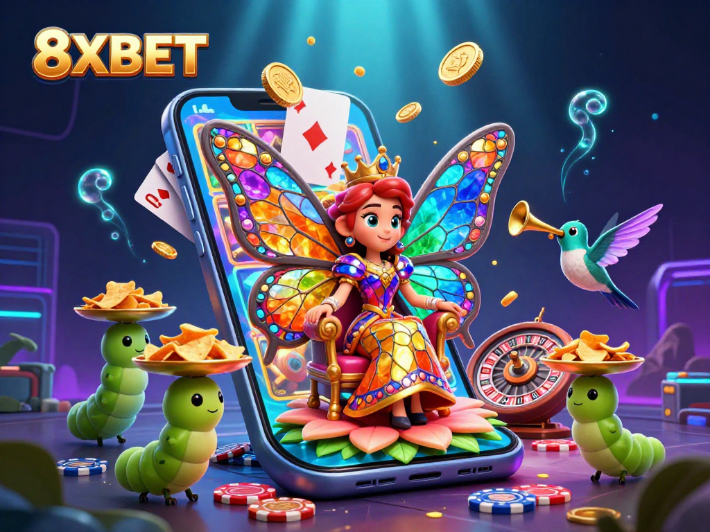 Experience exciting gaming adventures with 8XBET's vibrant 3D casino illustration featuring dynamic elements.