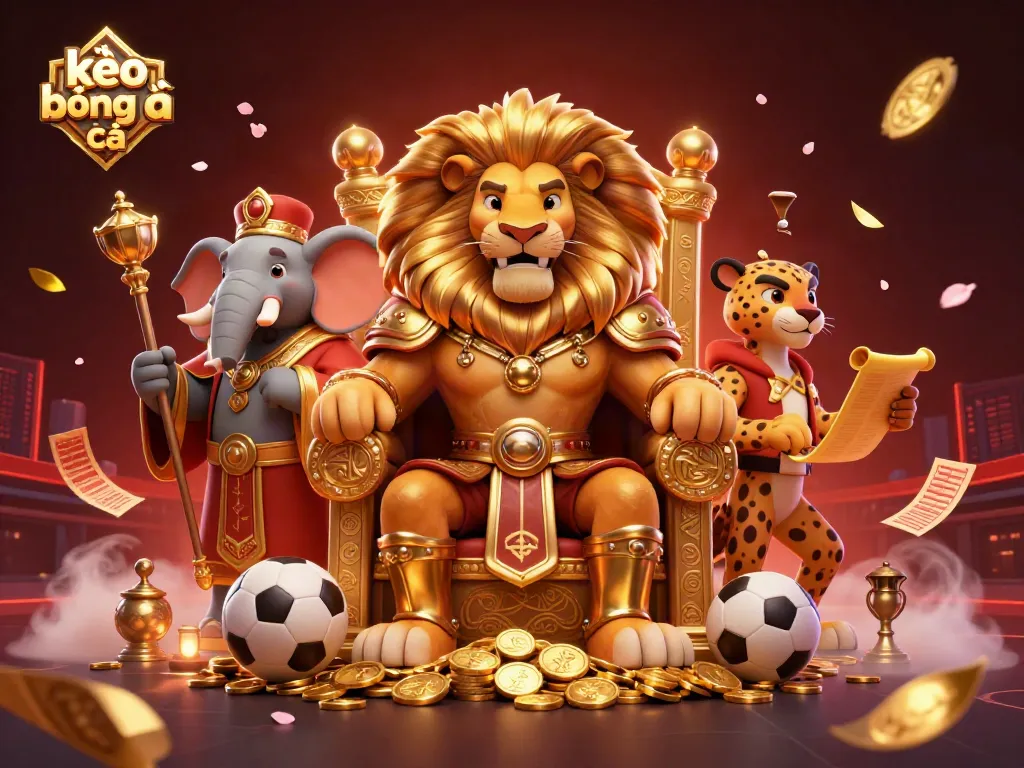 Experience kèo bóng đá through a vibrant 3D scene featuring a lion king, elephant advisor, and cheetah messenger.